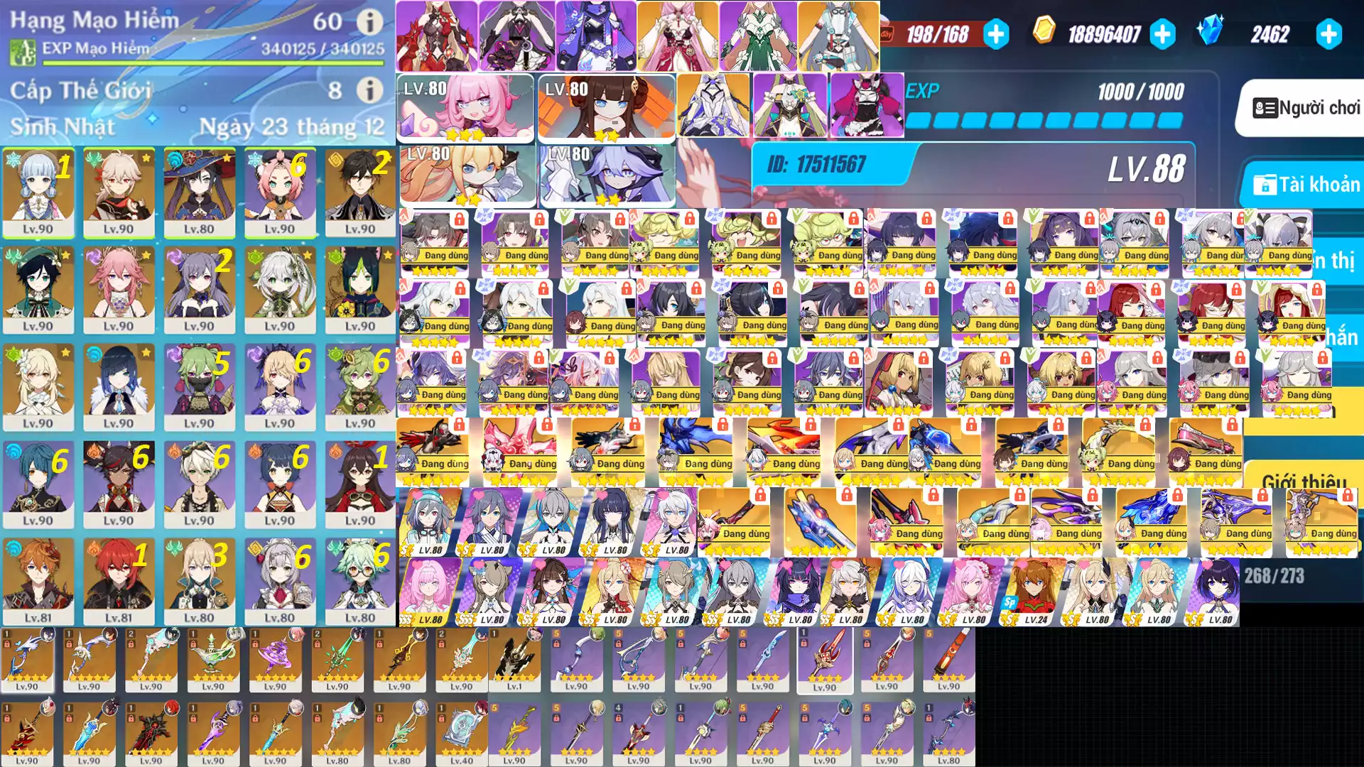 Genshin + hi3(MPE full, FR full, JK 3/4, DA full+skin, SPA full, HoR full(New)+skin, HoT full(New)+skin, HoV full, Hare 1/4, HoH full+skin, Asuka 1/4, PE full, BKE 3/4, Bỉ ngạn xác, HoS full+skin, AE full, HoTr full, HoO full, HoF 2/4+skin)