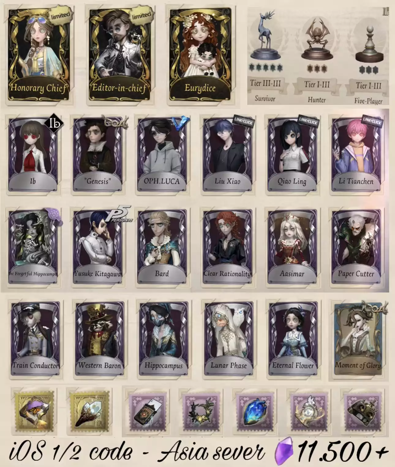 Honorary + Editor Chie, oph luca, gần full collab linkclick, 11k5 đá tím