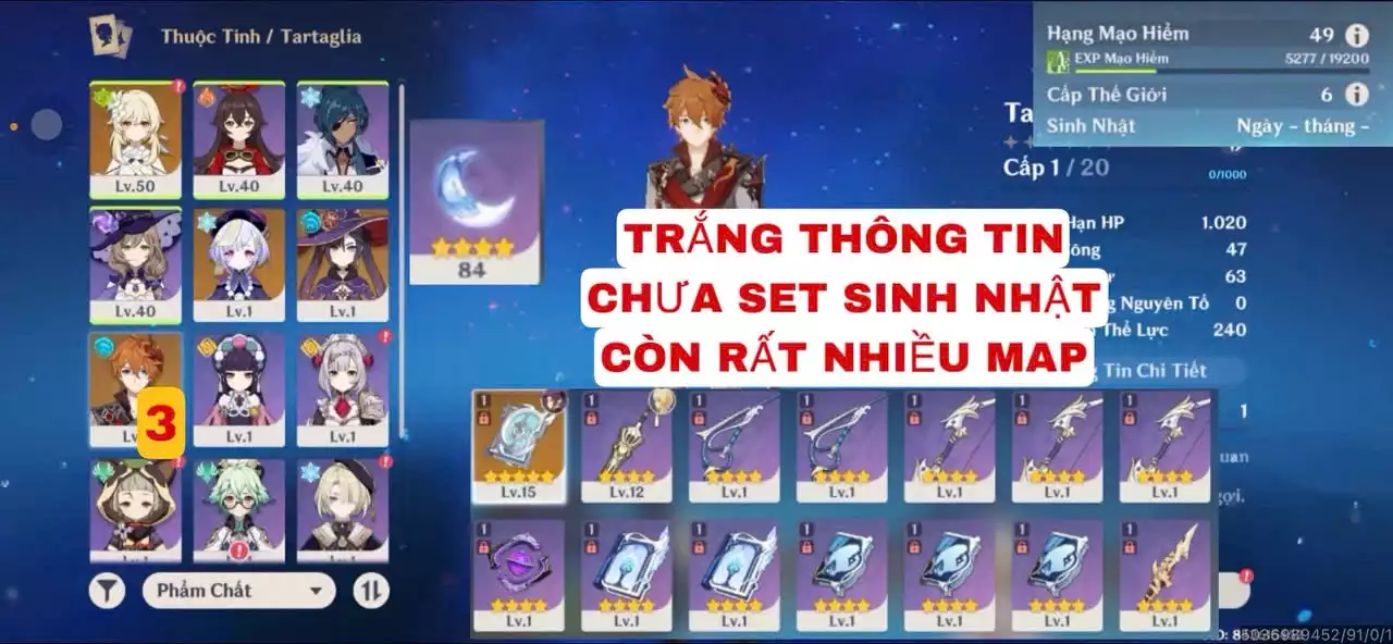 VIP : ( TRẮNG THÔNG TIN - CHƯA SET SINH NHẬT ) TÀI NGUYÊN + MAP CÒN KHÁ NHIỀU NHÂN VẬT ĐẸP ĐÁNG ĐỂ TRẢI NGHIỆM
